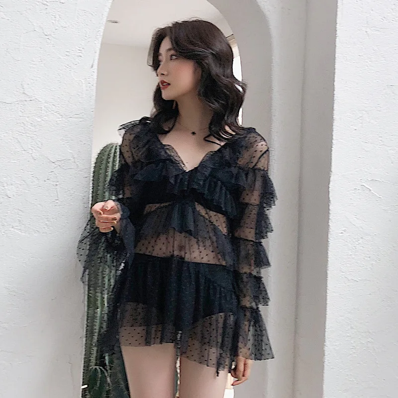 

19 Young Luxury Black And White with Pattern Little Fairy Sexy Bikini Three-piece Set Slimming Holiday Multilayer Yarn Bathing S