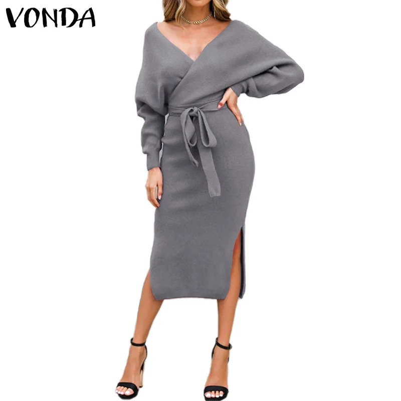 VONDA, сексуальное платье с v-образным вырезом и длинным рукавом для беременных, Осень-зима, однотонные Вечерние Платья До Колена, богемное платье, Femme Vestidos - Цвет: Серый