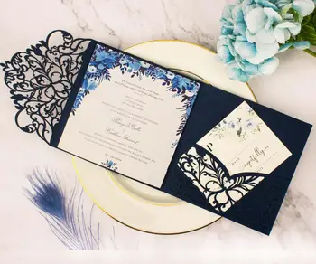 

Free Shipping 1pcs blush Pink Navy blue Laser Cut tri-fold Wedding Invitation Cards Kit Envelope Personalized Pocket Invite RSVP