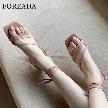 

FOREADA Narrow Band High Heels Real Leather Sandals Crystal Block Heel Shoes Cross Strap Square Toe Female Party Sandals Pink 40