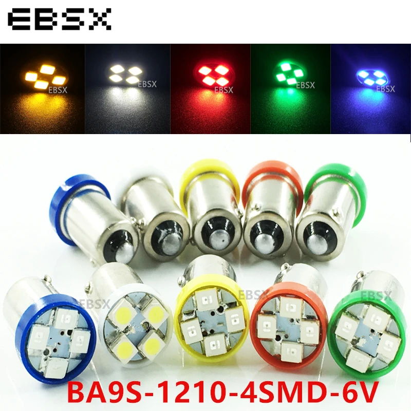 

EBSX 6V 6.3V 50PCS BA9S T4W T11 1210 4 SMD LED Light Bulb Car Styling White Blue Red Amber Green Car Interior Reading Auto Bulbs