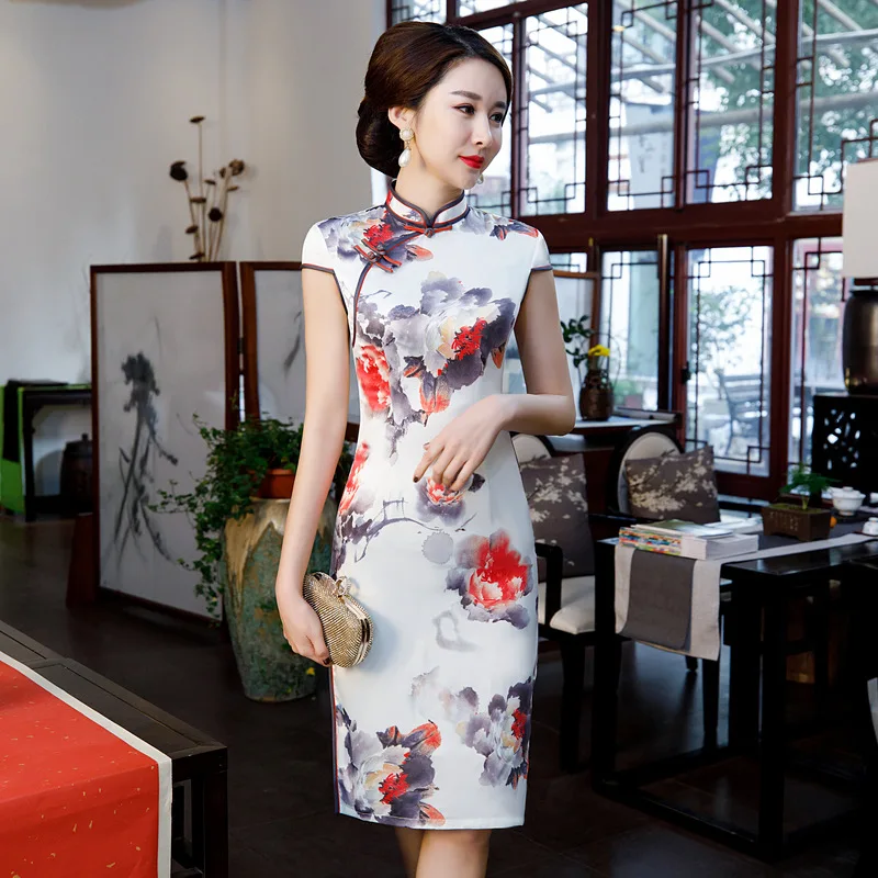 

Mandarin Collar Chinese Traditional Qipao Vintage Button Women Casual Evening Dress Large Size 3xl Short Sleeve Sexy Cheongsam
