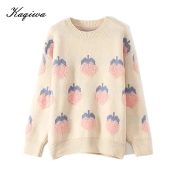 

Women's loose outside sweater 2020 new red top bottoming top with thickened net red strawberry knitted pullover sherpa