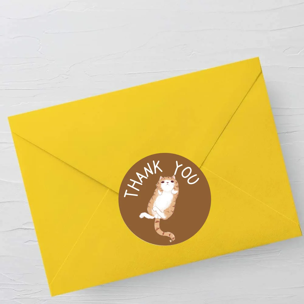 Kawaii Cat Thank You Stickers 100-500pcs Round Cartoon Animal Adhesive Labels
