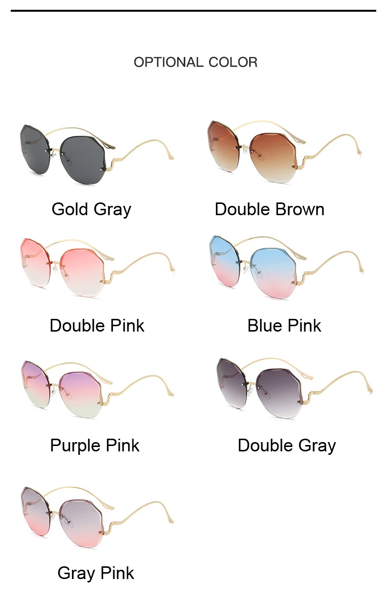 Irregular Round Sunglasses Women Brand Designer Gradient Fashion Sun Glasses Female Rimless Metal Curved Temples Oculos De Sol big cat eye sunglasses