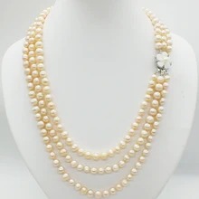 3 ряда 6-7 мм натуральный розовый жемчуг ожерелье, 19-22 дюймов