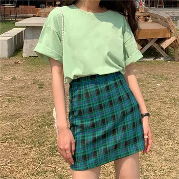 

Fashion Women Skirt Stitching Color Lattice High Waist Skirts Slim Temperament A Line Skirt Simple