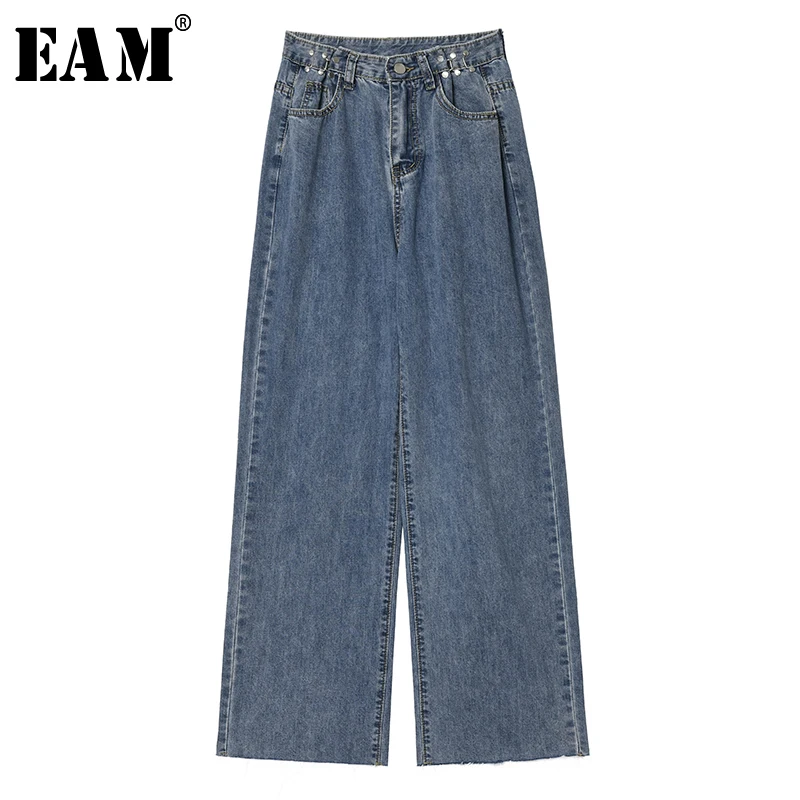 

[EAM] Adjustable Buckle Pocket Wide Leg Jeans New High Waist Loose Women Trousers Fashion All-match Spring Autumn 2019 1A472