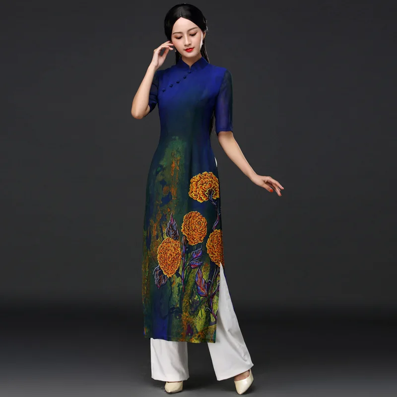 ao dai комплект азиатской одежды вьетнамская одежда ao dai вьетнамская женская шифоновая длинная одежда с коротким рукавом+ вечерние Брюки - Цвет: color2
