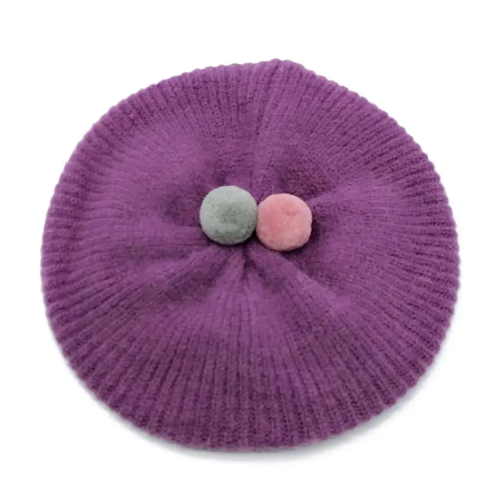 Милая Детская осенняя теплая шапка карамельного цвета, Детские Зимние трикотажные шапки в стиле ретро - Цвет: Фиолетовый