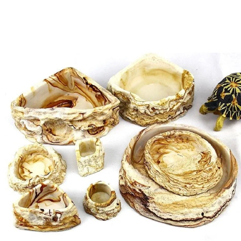 Plato de bote de agua para alimentación de animales, bote de agua de resina Artificial para alimentación de roca, juguete para anfibios, serpiente, lagarto, tortuga