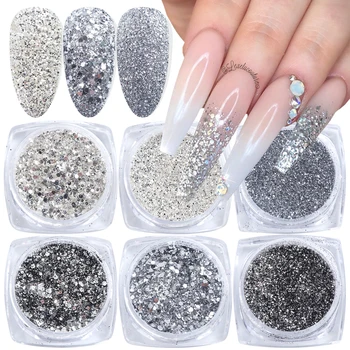 

6 Box Laser Sequins for Nails Holographic Silver Glitter Powder Sparkly Flakes Mirror Effect Manicure Nail Art Decor SA1539-02