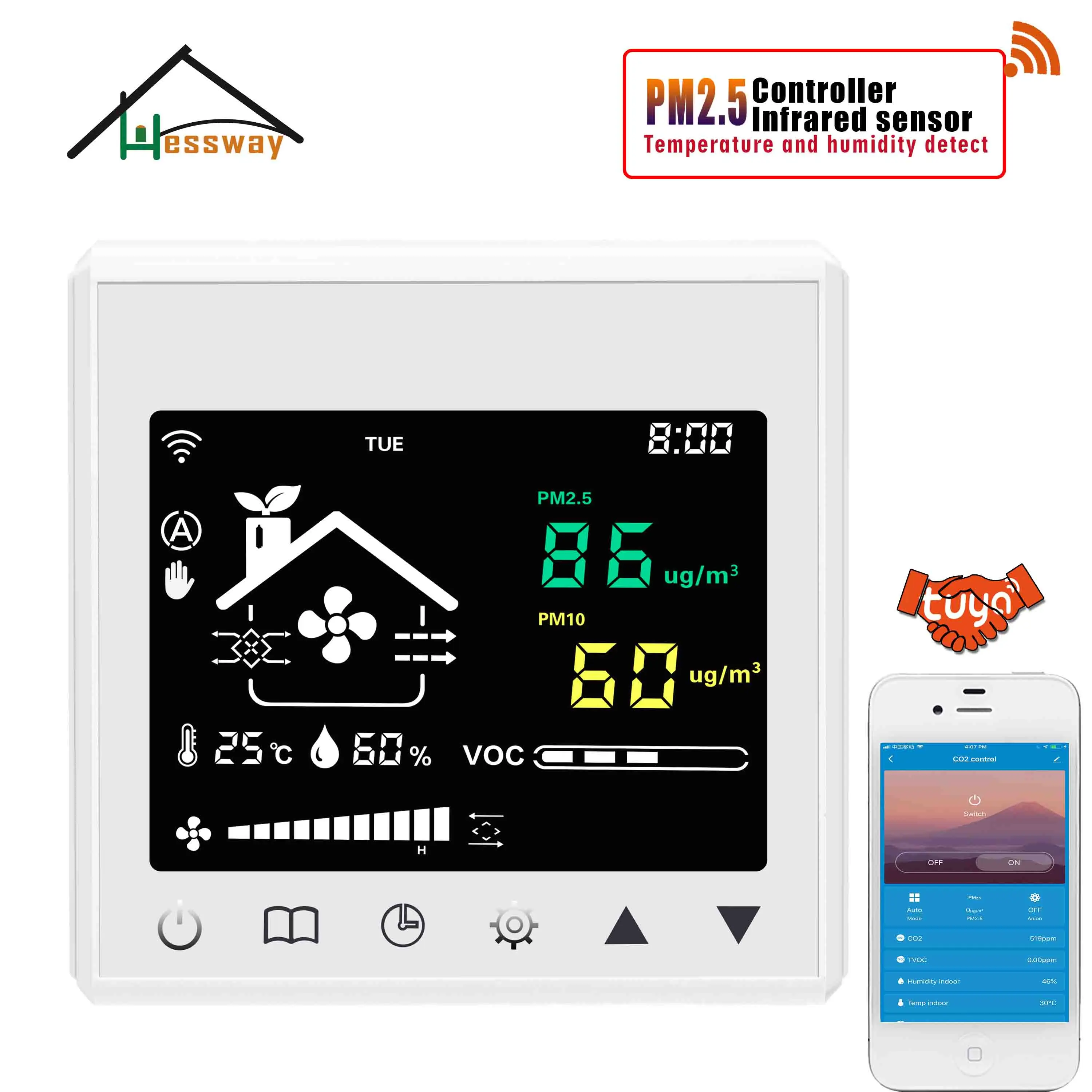 

Монитор температуры и влажности HESSWAY, Wi-Fi, RS485, PM10, PM2.5, для сенсорной системы вентиляции, 3 скорости