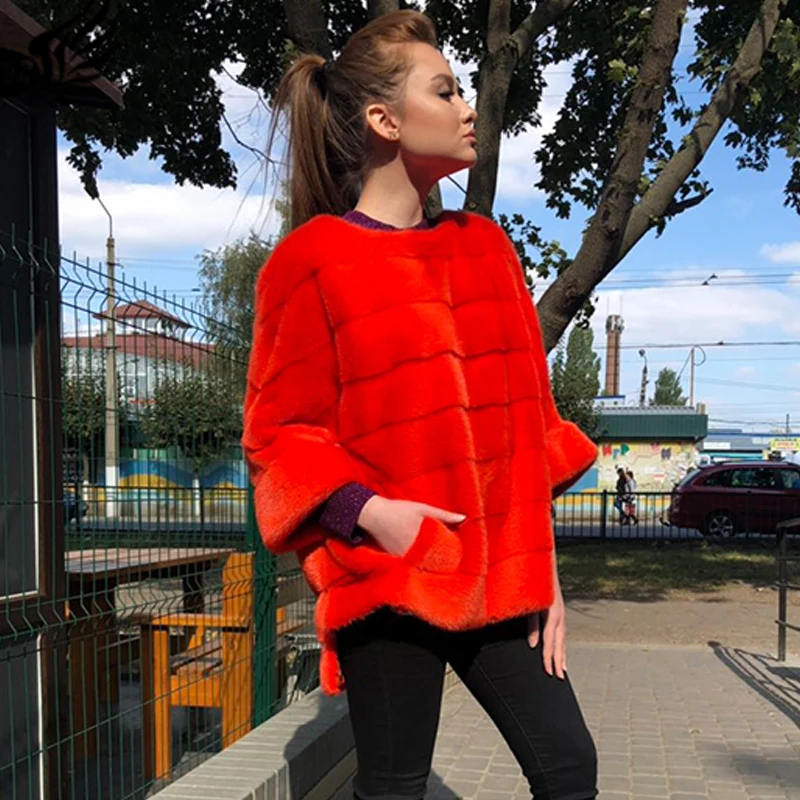 BFFUR, модное красное Норковое меховое пальто, короткое, зимнее, теплое, натуральная норковая Меховая куртка, женская верхняя одежда, натуральный мех, пончо и накидки, пальто