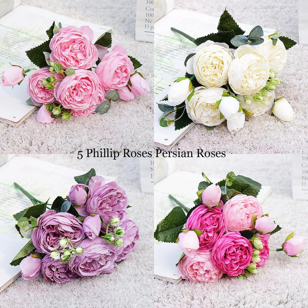 5 Heads Beautiful Rose Peony Artificial Silk Flowers Small Bouquet Home Decor 