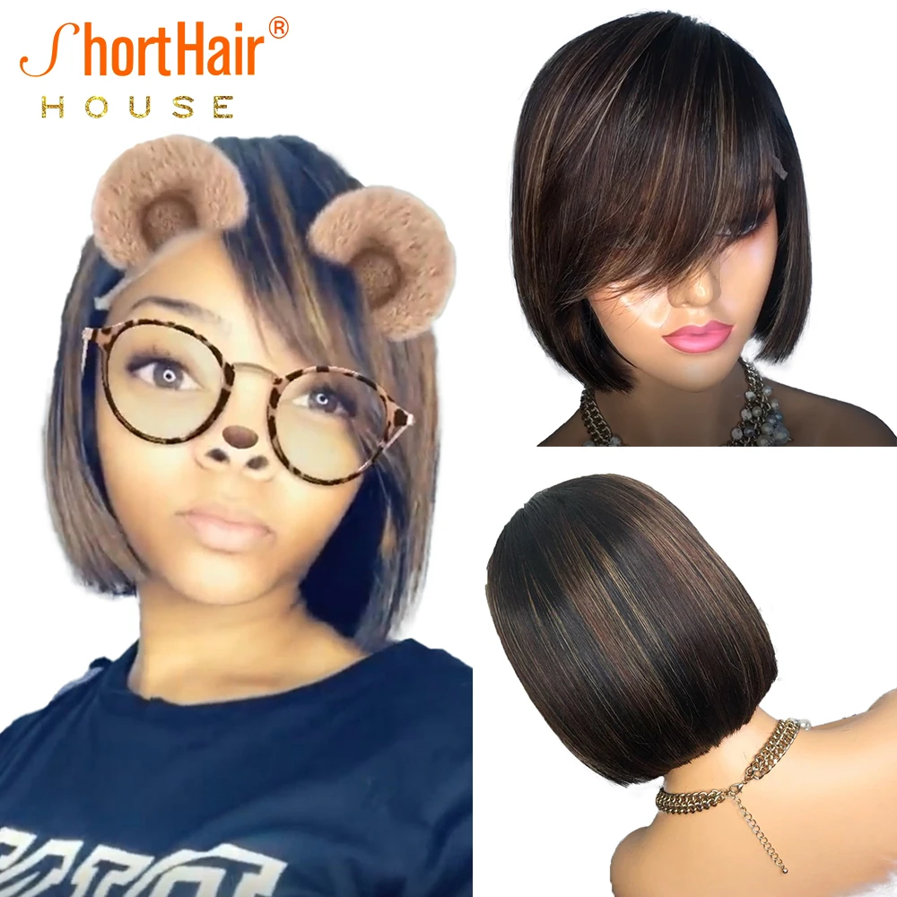 Highlight Brown Straight Bob Wigs Human Hair Wigs for Women Transparent Lace Closure 13x4 Lace Front Wig Fringe Wig Brazilian