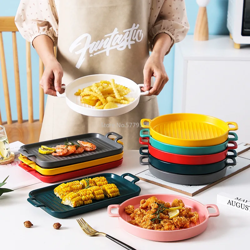 

Creative Binaural Ceramic Baking Pan Nordic Home Baking Plate Western Restaurant Cake Dessert Plate Hotel Tableware