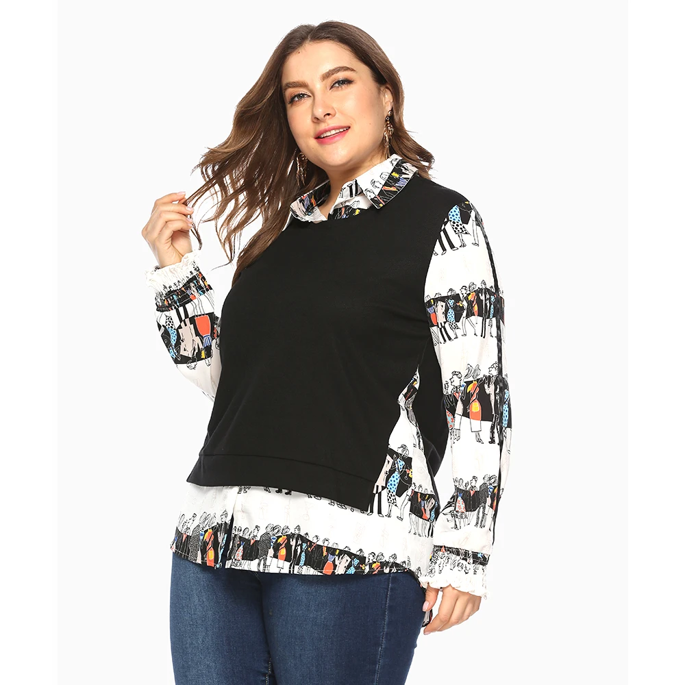 Плюс женские новые XXXL поддельные две части печатных и сплайсированные женские элегантные жены и матери рубашки