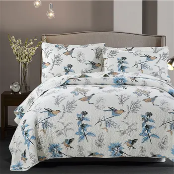 

3-Piece Pastoral Cotton Quilted Bedspread Printing Bed Cover Air Conditioning Summer Quilt Set Coverlet Birds American Style