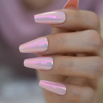 

Shiny Holographic Pink Almond Press on False Nails Long Reflective Mirror Ballerina Coffin Fake Fingersnails Extention Tool