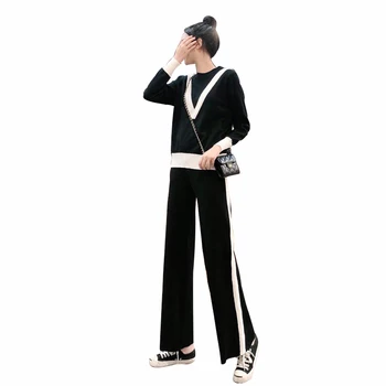 

Rlyaeiz Fashion Knitting 2 Piece Set Women Sportswear 2019 Autumn Casual Striped Knitted Pullovers + Pants Brand Sets Tracksuit