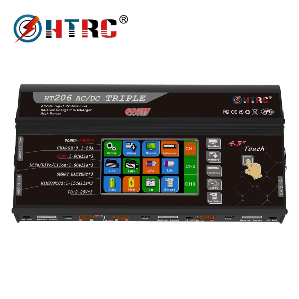 

Балансирующее зарядное устройство HTRC HT206 TRI RC, 200 Вт * 3 20A * 3, тройной порт, цветной сенсорный ЖК-экран 4,3 дюйма для аккумуляторов Lilon/LiPo/LiFe/LiHV
