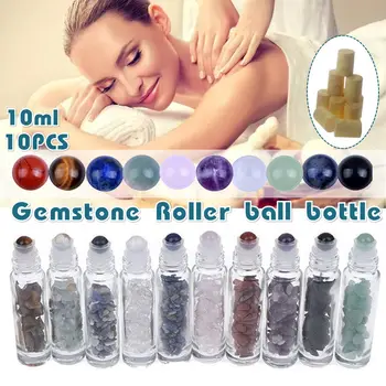 

10Pcs 10ml Natural Gemstone Essential Oil Roller Ball Bottles Transparent Perfumes Oil Liquids Roll On Bottles with Crystal Chip
