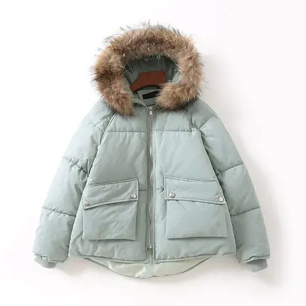 green cotton coat Парка с хлопковой подкладкой из натурального меха женская зимняя Розовая/желтая/бежевая/черная/зеленая куртка с капюшоном из натурального меха енота - Цвет: green cotton coat