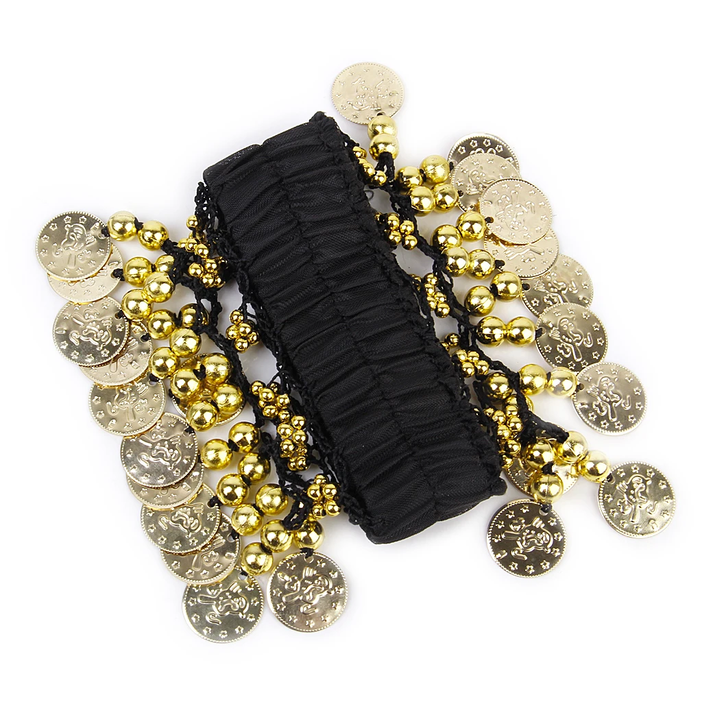 Chic Belly Dance Arm Ankle Cuff Wrist Bracelets W/ 24 Golden Coins - Black