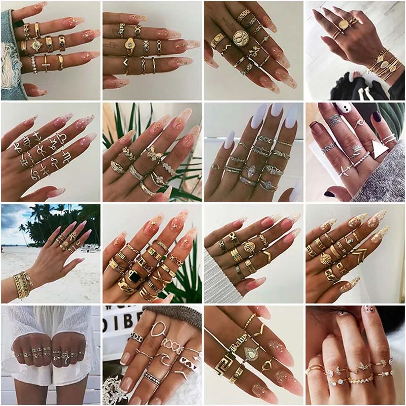 Bohemia Simple Design Gold Silver Color Hollow Geometric Finger Ring Set Multi Layer Knuckle Rings For Women