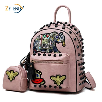 

Small Backpack European and American Fashion PU High Quality Material Backpack Trend Rivet Elephant Embroidery Mother Backpack