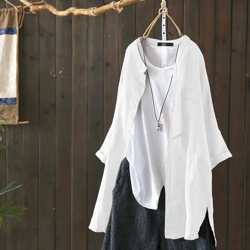 Off White Женские топы ZANZEA винтажная Женская Льняная блуза повседневные рубашки с длинным рукавом кардиганы на пуговицах размера плюс Туника мешковатые Блузы S-5XL - Цвет: Off White