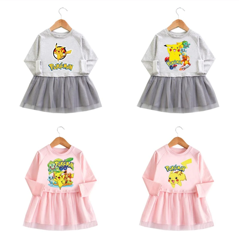 Pikachu Pokemon Girl Clothes Long Sleeve Kids Dress for Mesh Princess Vestdios Girls Spring Vestidos | Детская одежда и обувь