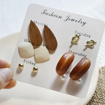 

Lifefontier Vintage Wood Drop Earrings For Women 2020 Brincos Geometric Metal Knot Dangle Earrings Set Fashion Ear Jewelry Gift