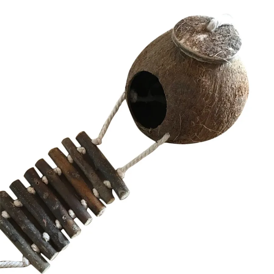 2 Patterns Cute Design Natural Coconut Shell Bird Nesting House Small Size Pet Parakeets Finches Sparrows Cage With Ladder