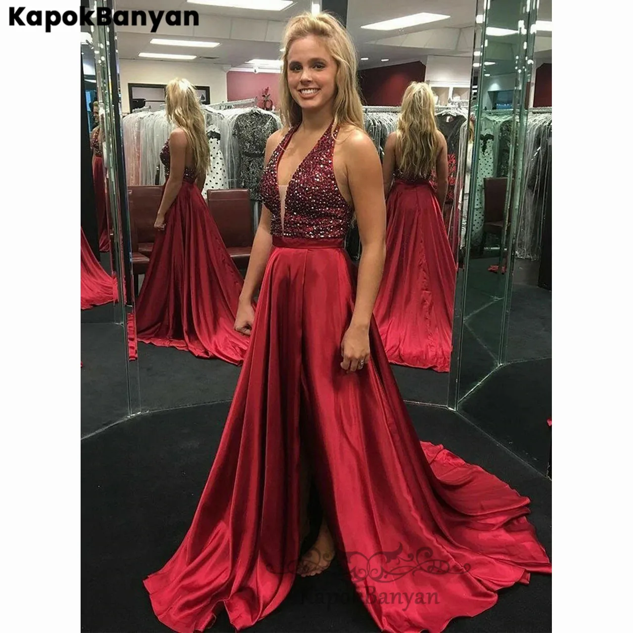 

Rhinestones Beads V-neck Sleeveless Split A-line Long Satin Prom Dresses Sweep Train Party Gown