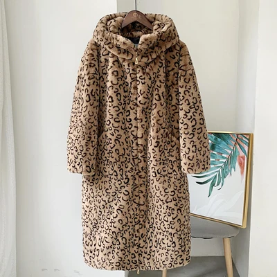 Leopard zipper Меховая куртка с капюшоном леопардовой расцветки зимняя женская модная длинная толстая теплая шуба из искусственного меха женская Свободная парка с леопардовым принтом - Цвет: Leopard zipper