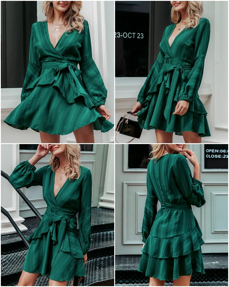 JaMerry, винтажное сексуальное платье с v-образным вырезом, с низким вырезом, элегантное зеленое платье с рукавами-фонариками, с нижним подолом, с оборками, с высокой талией, женские осенние платья