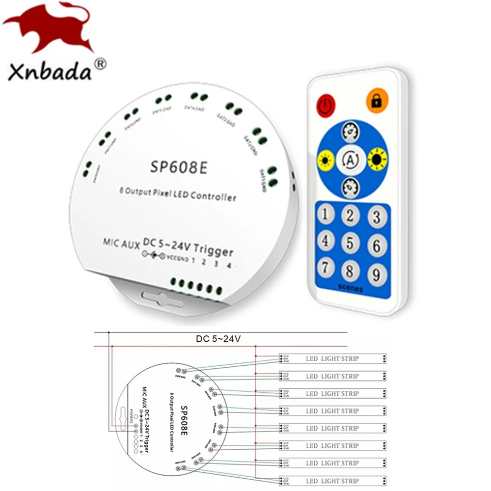 SP608E WS2811 WS2812B Music LED Strip Controller 8CH Signal Output Built In Mic IOS Android Bluetooth APP DC5V-24V