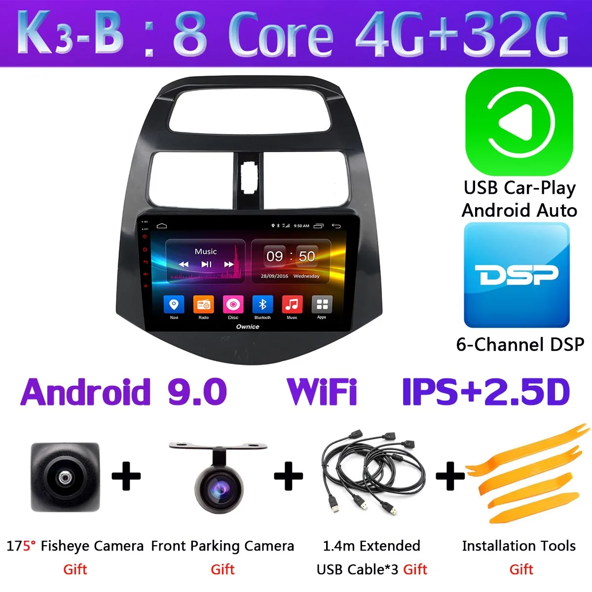 K3-B-CarPlay 360 ° панорамный gps Радио Android 9,0 Восьмиядерный 4G+ 64G DSP CarPlay Автомобильный плеер для Chevrolet Spark Beat 2010 2011 2012 2013 - Цвет: K3-B-CarPlay