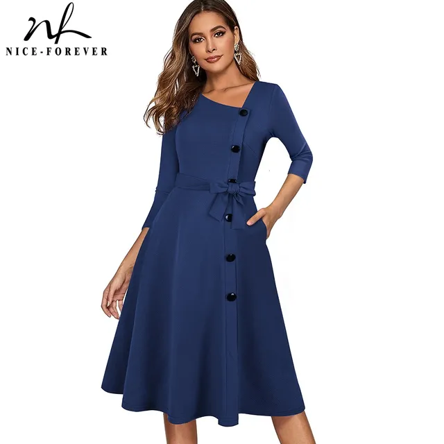 Nice-forever Spring Solid Color with Button Retro Elegant Dresses Party Flare Swing Women Dress A241 1