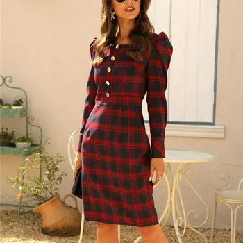 

Plus Size Red Plaid Print Dress Women Long Puff Sleeve Knee Dress Elegant Office Ladies Workwear Formal Party Dresses Winter