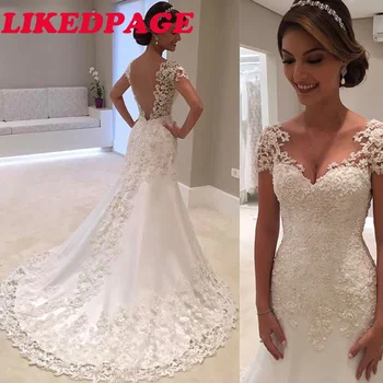 

LIKEDPAGE 2020 sexy vestido de noiva White Backless Lace applique Mermaid Wedding Dress Cap Sleeve Wedding Gown Bride Dress