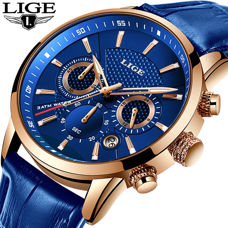 Tanie LIGE nowi mężczyzna zegarek Top marka niebieska skóra chronograf wodoodporny Sport automatyczny data kwarcowe zegarki dla mężczyzn Relogio Masculino