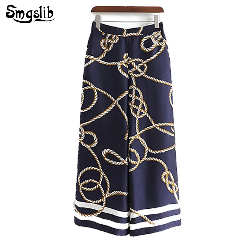 

New Linen Satin Women Chain Pattern Pants 2019 Spring-Autumn Chic Ladies Straight Trousers Boho Girls High Waist pantalon femme