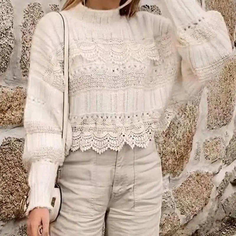 Fall And Winter Women Hollow Out Lace Sweaters Turtleneck Knitted Pullovers Jumpers Sweet Long Sleeve | Женская одежда