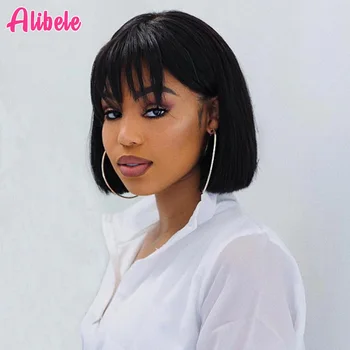 

Alibele 10inch Short Bob Wig With Fringe Bangs Pre Plucked Bob Full Wig Machine Made Human Hair Wigs With Bangs Natural Black