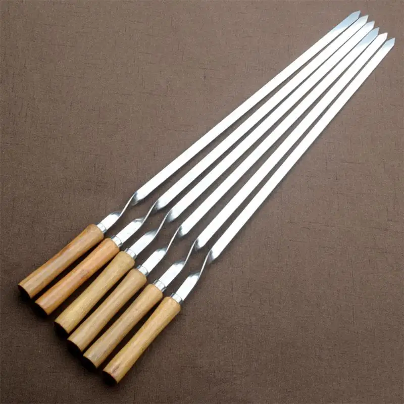6pcs Flat Barbecue Skewers 55cm Stainless Steel Wooden Handle BBQ Needles Stick Roasting Grill Forks For Camping | Дом и сад