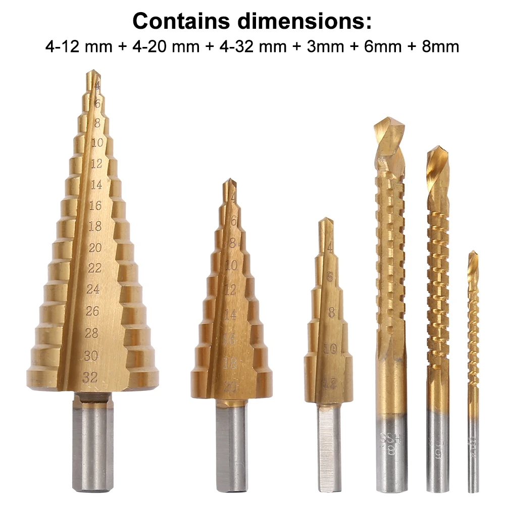 

Step Drill 6Pcs HSS Steel Titanium Bit Set 4-12/20/32mm Metal Hole Cutter Wood Cone Core Drilling Hole Saw Tool+3,6,8 Saw Drill