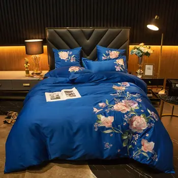 

Luxury Blue Flowers Embroidery 60S Egyptian Cotton Palace Soft Bedding Set Duvet Cover Bed Linen Fitted Sheet Pillowcases 4/6pcs
